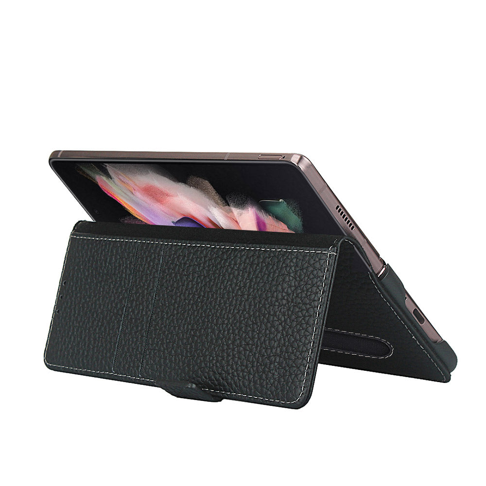 For Samsung Galaxy Z Fold3 5G Litchi Texture Genuine Leather Dual Magnetic Clasp Wallet Stand Phone Case Cover with Pen Slot