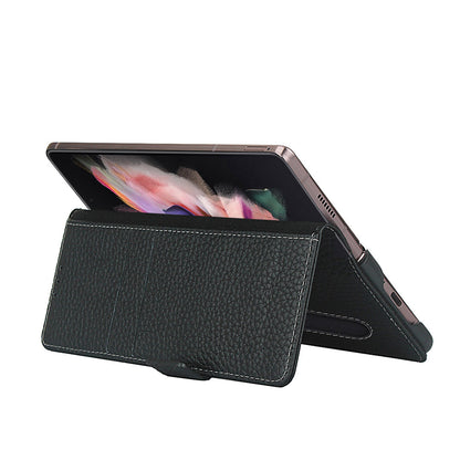 For Samsung Galaxy Z Fold3 5G Litchi Texture Genuine Leather Dual Magnetic Clasp Wallet Stand Phone Case Cover with Pen Slot
