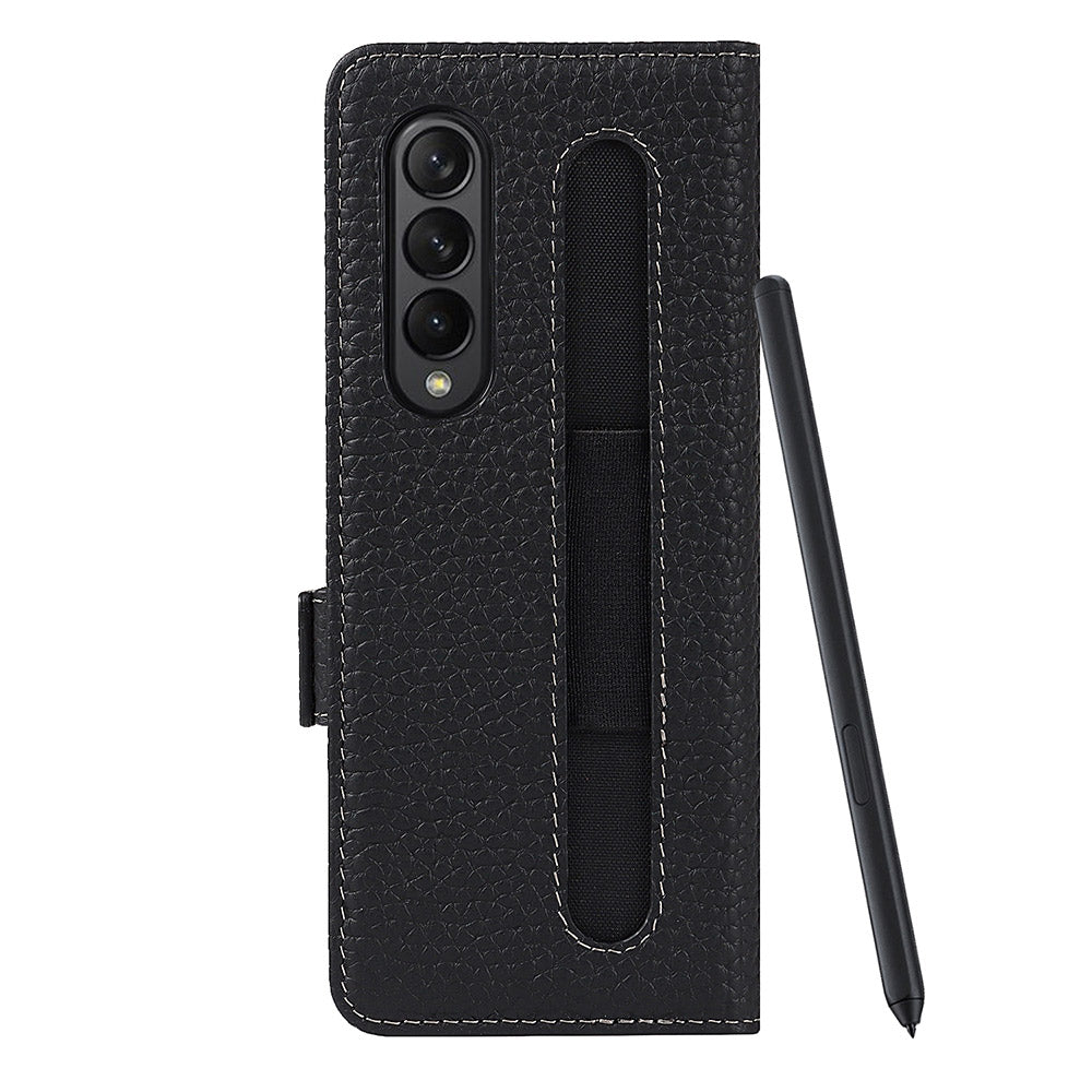 For Samsung Galaxy Z Fold3 5G Litchi Texture Genuine Leather Dual Magnetic Clasp Wallet Stand Phone Case Cover with Pen Slot