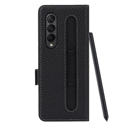 For Samsung Galaxy Z Fold3 5G Litchi Texture Genuine Leather Dual Magnetic Clasp Wallet Stand Phone Case Cover with Pen Slot