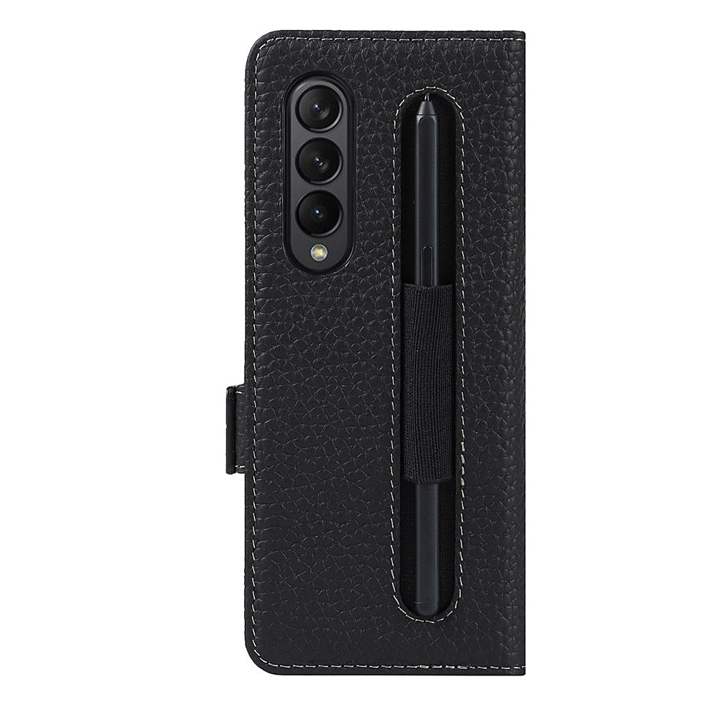 For Samsung Galaxy Z Fold3 5G Litchi Texture Genuine Leather Dual Magnetic Clasp Wallet Stand Phone Case Cover with Pen Slot