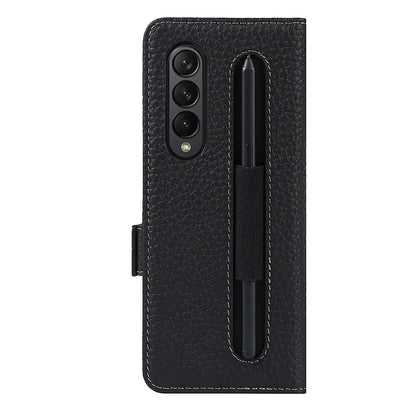 For Samsung Galaxy Z Fold3 5G Litchi Texture Genuine Leather Dual Magnetic Clasp Wallet Stand Phone Case Cover with Pen Slot