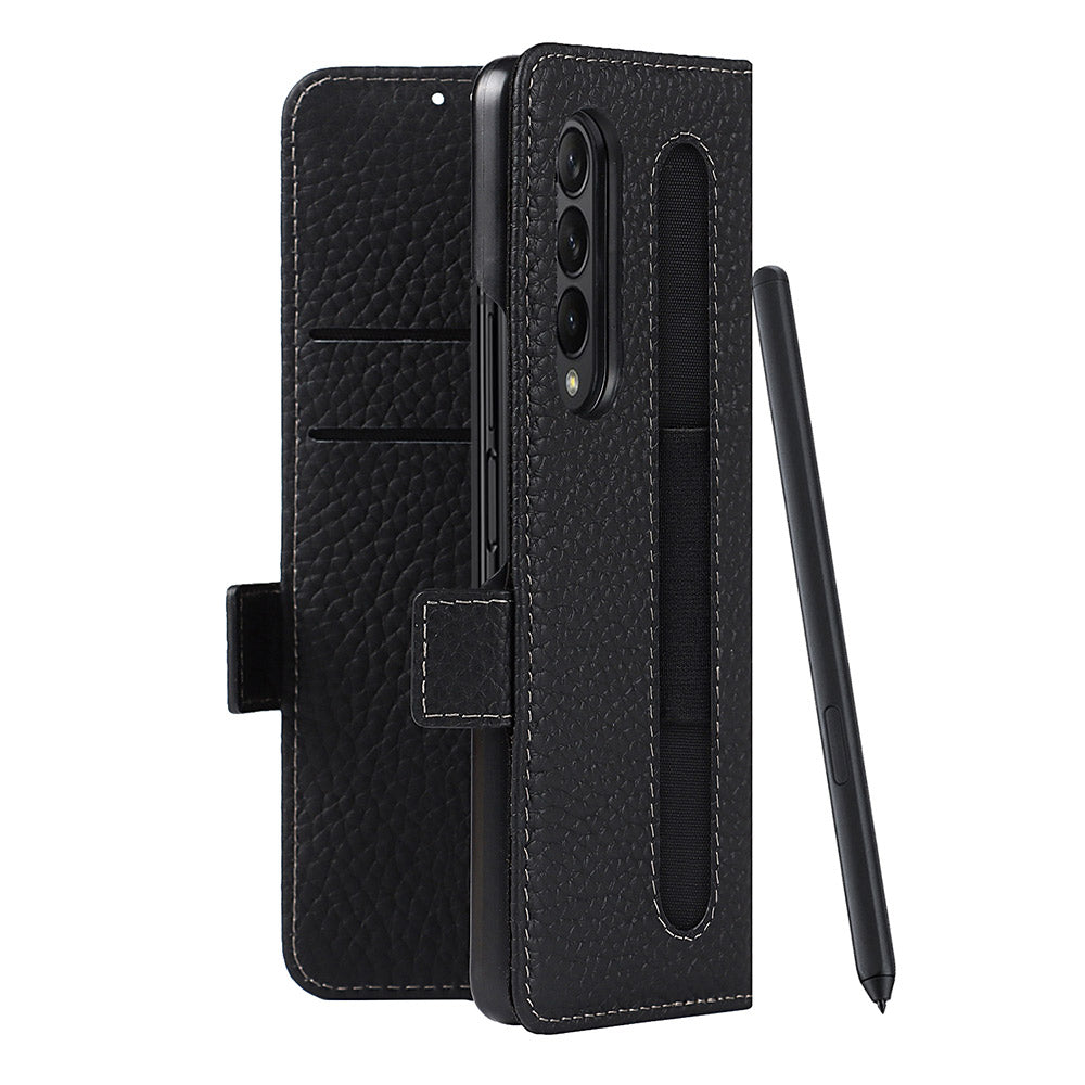 For Samsung Galaxy Z Fold3 5G Litchi Texture Genuine Leather Dual Magnetic Clasp Wallet Stand Phone Case Cover with Pen Slot