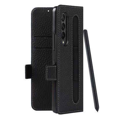 For Samsung Galaxy Z Fold3 5G Litchi Texture Genuine Leather Dual Magnetic Clasp Wallet Stand Phone Case Cover with Pen Slot