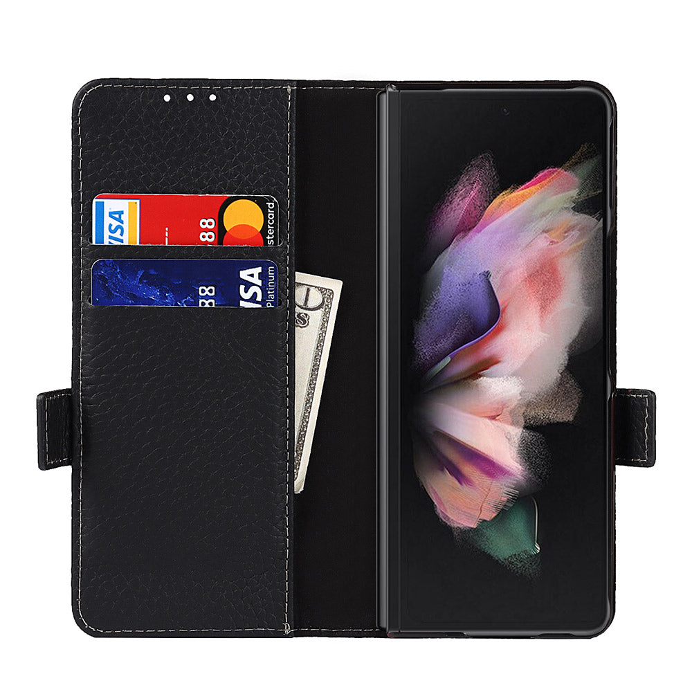 For Samsung Galaxy Z Fold3 5G Litchi Texture Genuine Leather Dual Magnetic Clasp Wallet Stand Phone Case Cover with Pen Slot