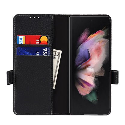 For Samsung Galaxy Z Fold3 5G Litchi Texture Genuine Leather Dual Magnetic Clasp Wallet Stand Phone Case Cover with Pen Slot