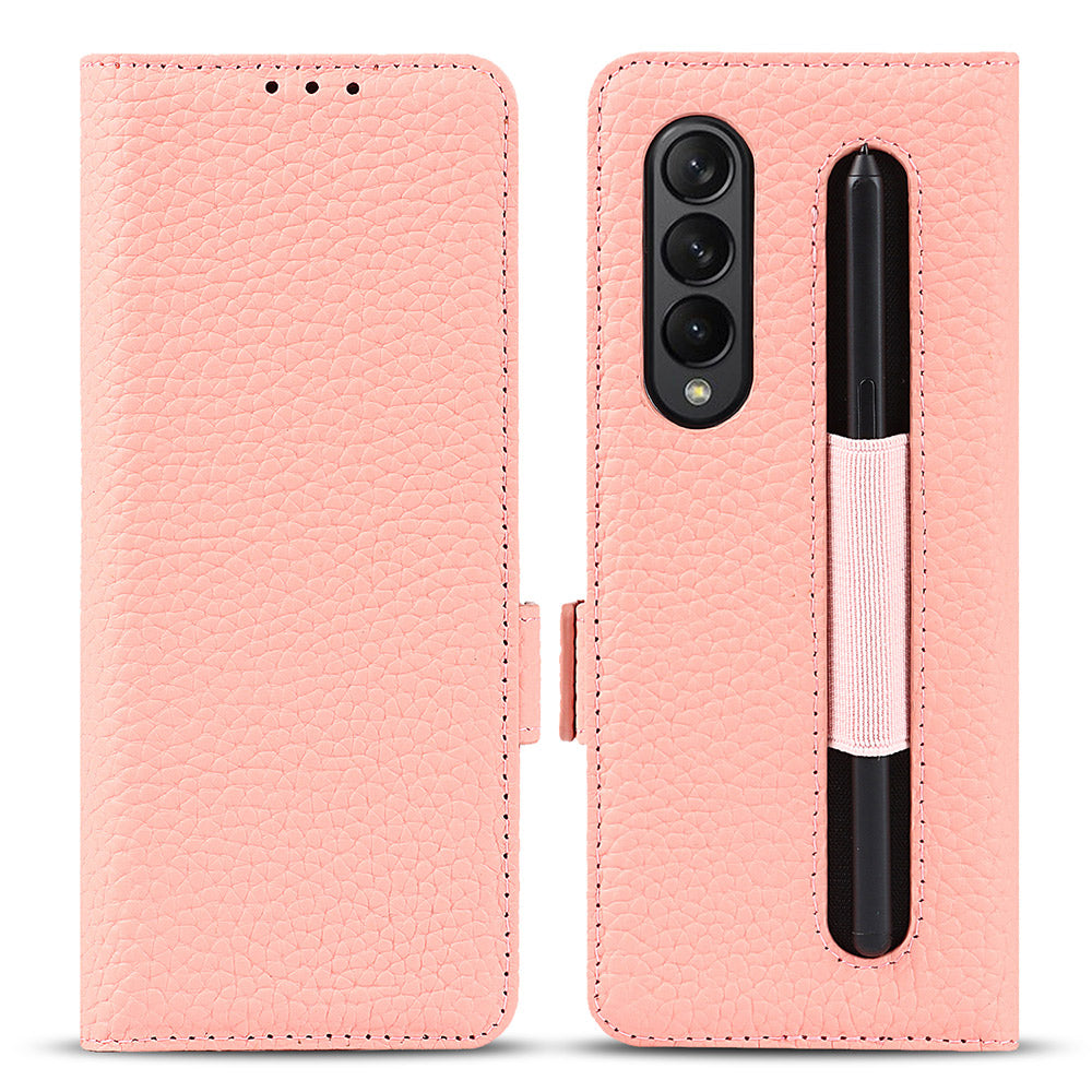 For Samsung Galaxy Z Fold3 5G Litchi Texture Genuine Leather Dual Magnetic Clasp Wallet Stand Phone Case Cover with Pen Slot
