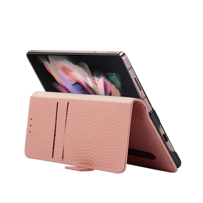 For Samsung Galaxy Z Fold3 5G Litchi Texture Genuine Leather Dual Magnetic Clasp Wallet Stand Phone Case Cover with Pen Slot