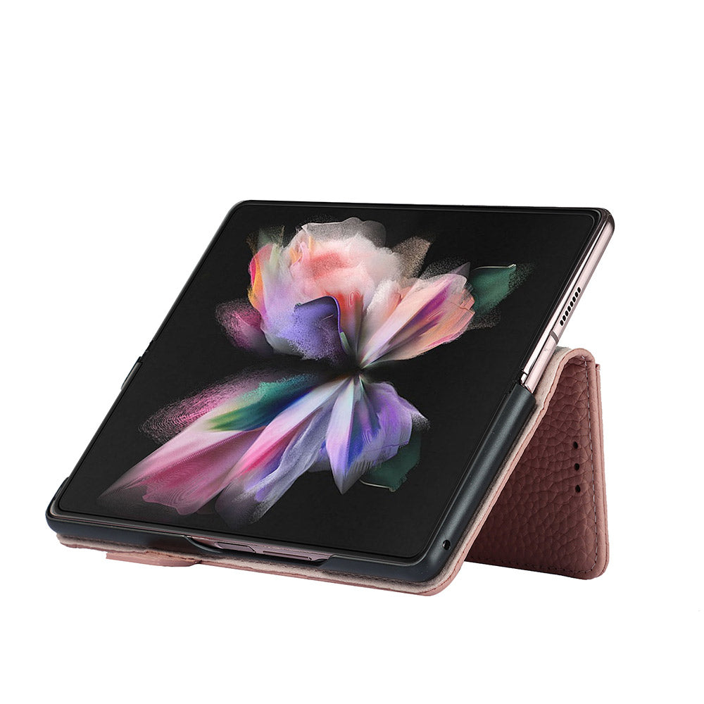 For Samsung Galaxy Z Fold3 5G Litchi Texture Genuine Leather Dual Magnetic Clasp Wallet Stand Phone Case Cover with Pen Slot