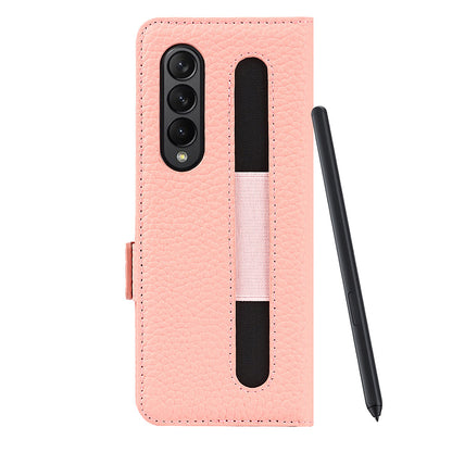 For Samsung Galaxy Z Fold3 5G Litchi Texture Genuine Leather Dual Magnetic Clasp Wallet Stand Phone Case Cover with Pen Slot