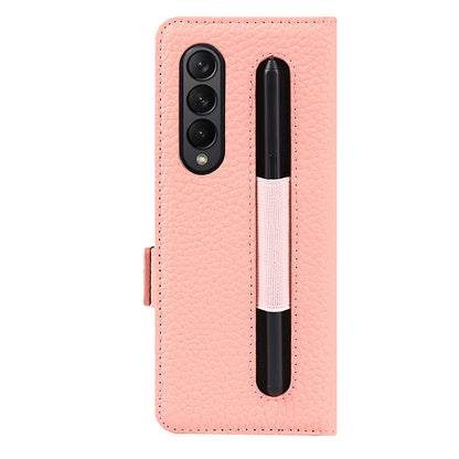 For Samsung Galaxy Z Fold3 5G Litchi Texture Genuine Leather Dual Magnetic Clasp Wallet Stand Phone Case Cover with Pen Slot