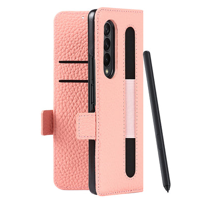 For Samsung Galaxy Z Fold3 5G Litchi Texture Genuine Leather Dual Magnetic Clasp Wallet Stand Phone Case Cover with Pen Slot