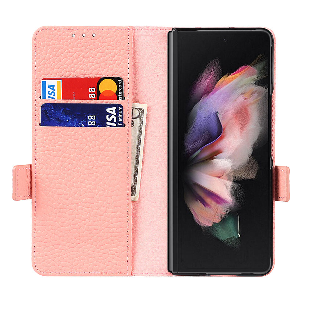 For Samsung Galaxy Z Fold3 5G Litchi Texture Genuine Leather Dual Magnetic Clasp Wallet Stand Phone Case Cover with Pen Slot