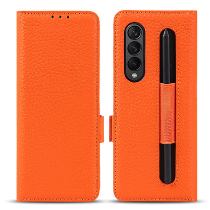 For Samsung Galaxy Z Fold3 5G Litchi Texture Genuine Leather Dual Magnetic Clasp Wallet Stand Phone Case Cover with Pen Slot