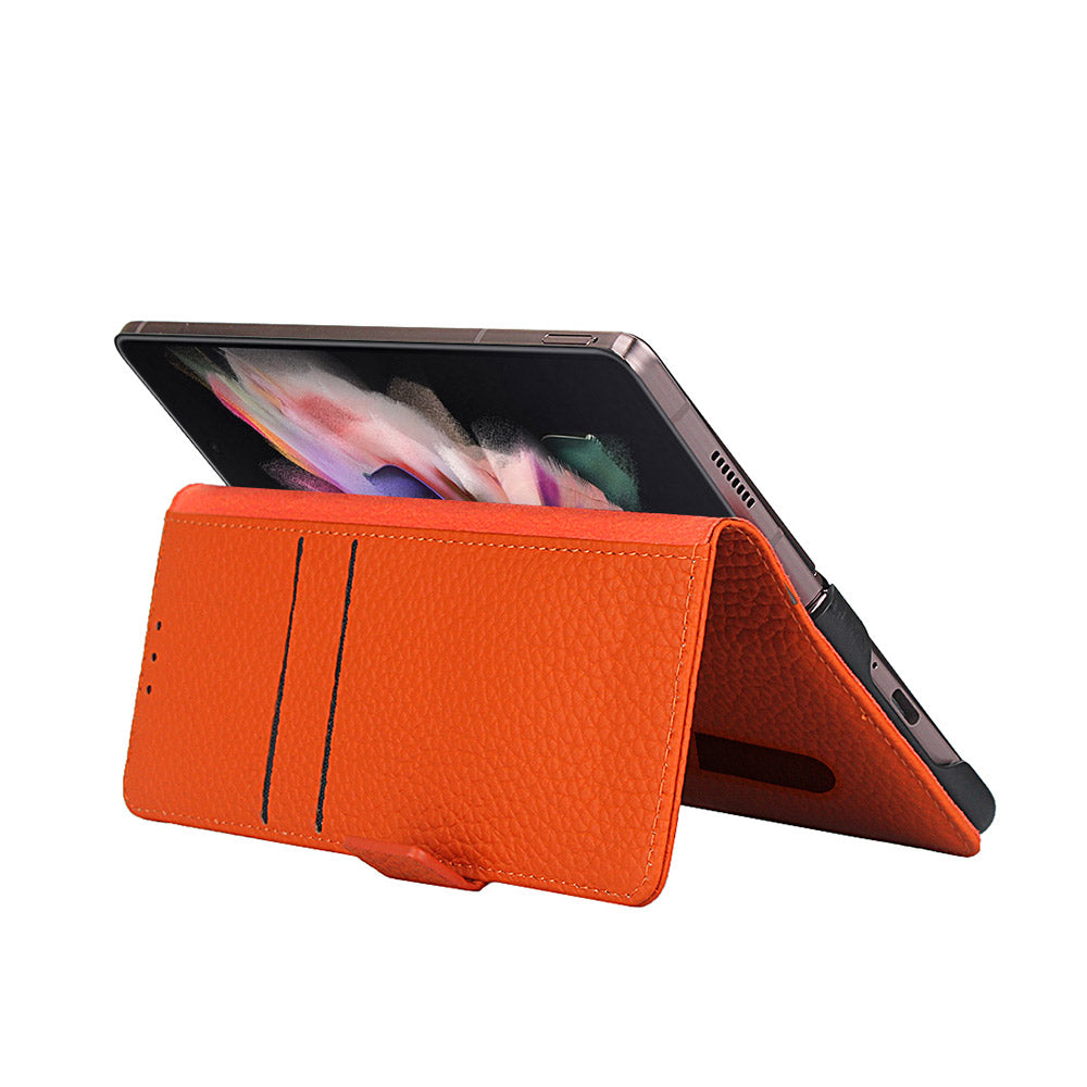 For Samsung Galaxy Z Fold3 5G Litchi Texture Genuine Leather Dual Magnetic Clasp Wallet Stand Phone Case Cover with Pen Slot