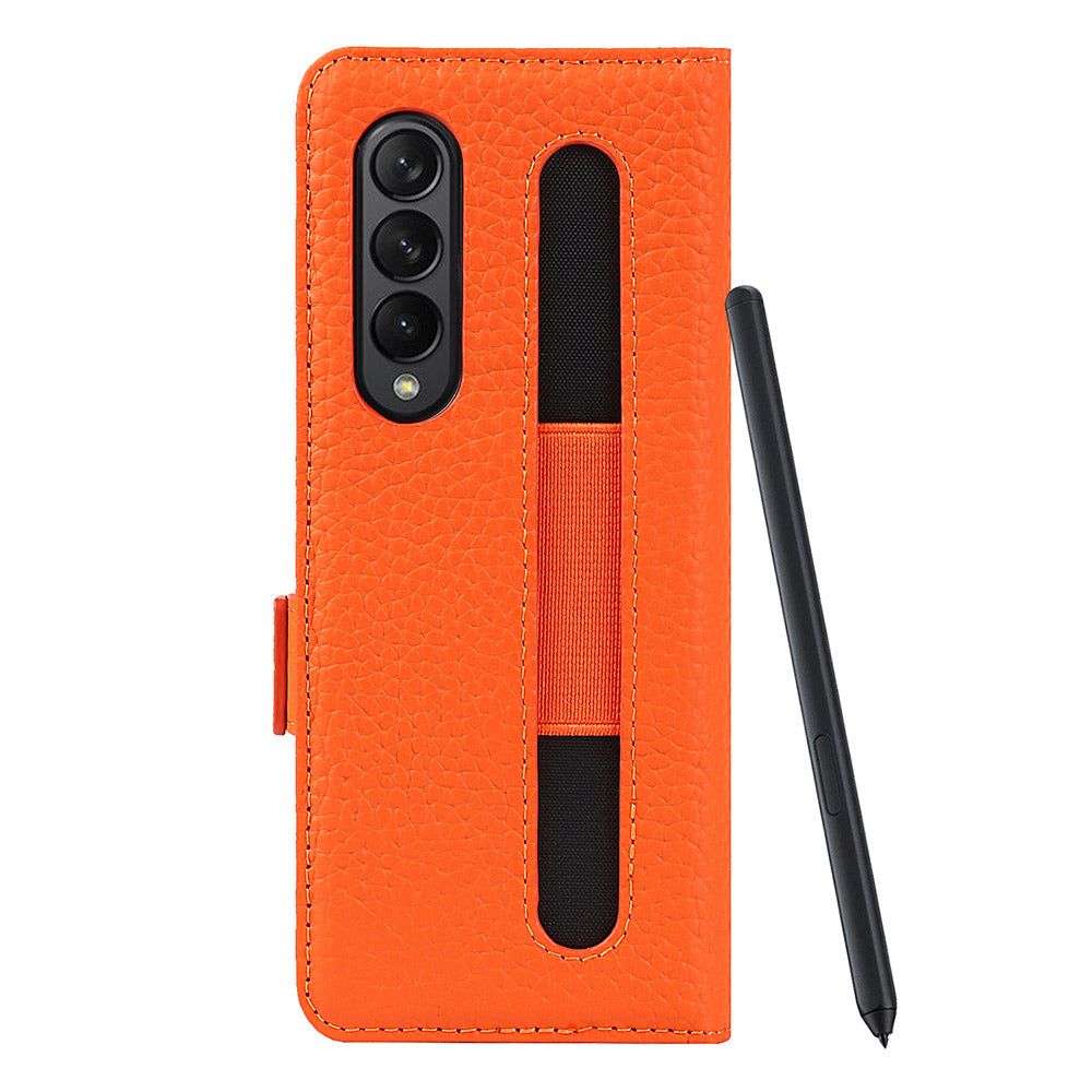 For Samsung Galaxy Z Fold3 5G Litchi Texture Genuine Leather Dual Magnetic Clasp Wallet Stand Phone Case Cover with Pen Slot