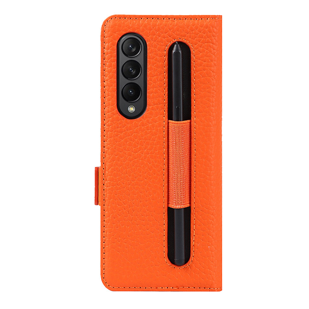 For Samsung Galaxy Z Fold3 5G Litchi Texture Genuine Leather Dual Magnetic Clasp Wallet Stand Phone Case Cover with Pen Slot