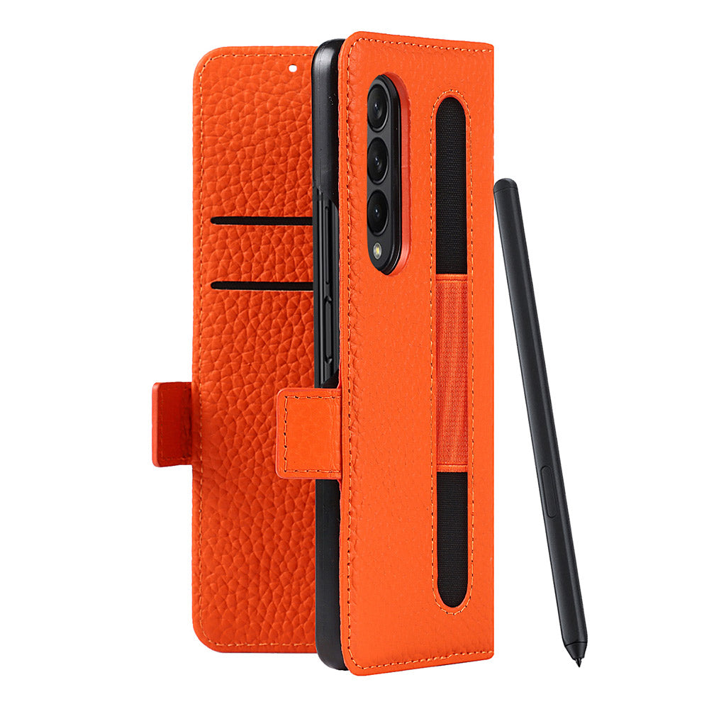 For Samsung Galaxy Z Fold3 5G Litchi Texture Genuine Leather Dual Magnetic Clasp Wallet Stand Phone Case Cover with Pen Slot