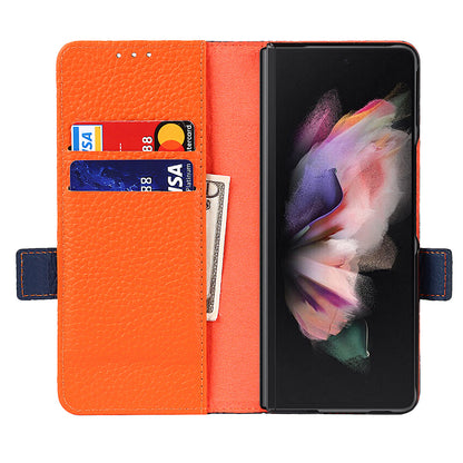 For Samsung Galaxy Z Fold3 5G Litchi Texture Genuine Leather Dual Magnetic Clasp Wallet Stand Phone Case Cover with Pen Slot