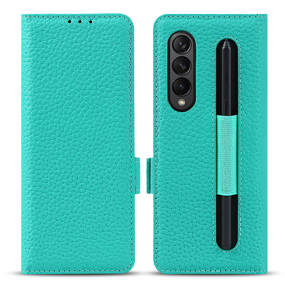 For Samsung Galaxy Z Fold3 5G Litchi Texture Genuine Leather Dual Magnetic Clasp Wallet Stand Phone Case Cover with Pen Slot