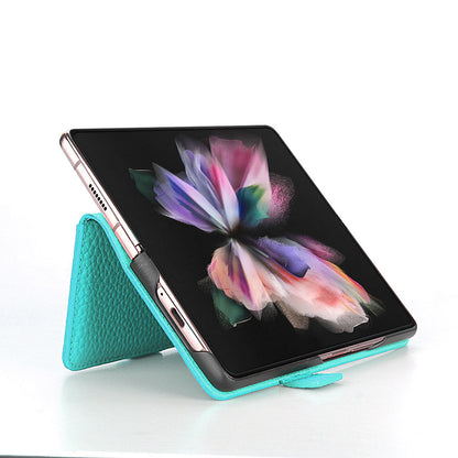 For Samsung Galaxy Z Fold3 5G Litchi Texture Genuine Leather Dual Magnetic Clasp Wallet Stand Phone Case Cover with Pen Slot