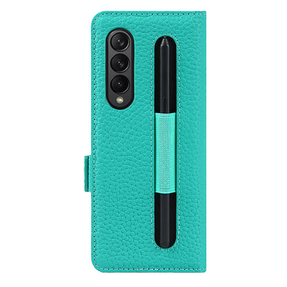 For Samsung Galaxy Z Fold3 5G Litchi Texture Genuine Leather Dual Magnetic Clasp Wallet Stand Phone Case Cover with Pen Slot