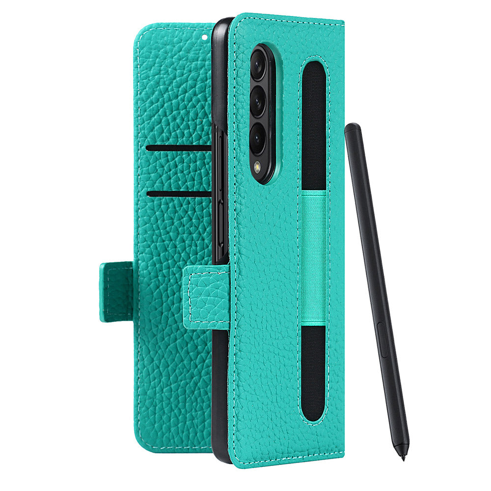 For Samsung Galaxy Z Fold3 5G Litchi Texture Genuine Leather Dual Magnetic Clasp Wallet Stand Phone Case Cover with Pen Slot