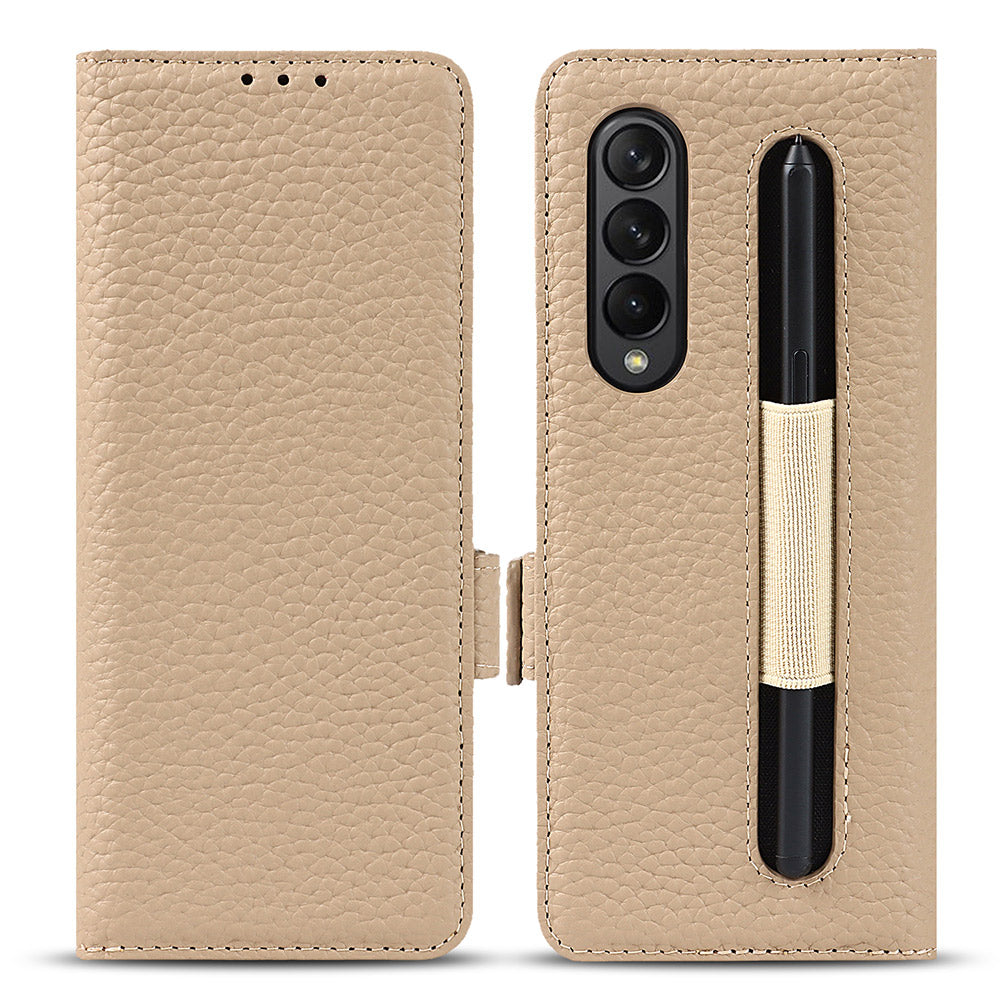 For Samsung Galaxy Z Fold3 5G Litchi Texture Genuine Leather Dual Magnetic Clasp Wallet Stand Phone Case Cover with Pen Slot