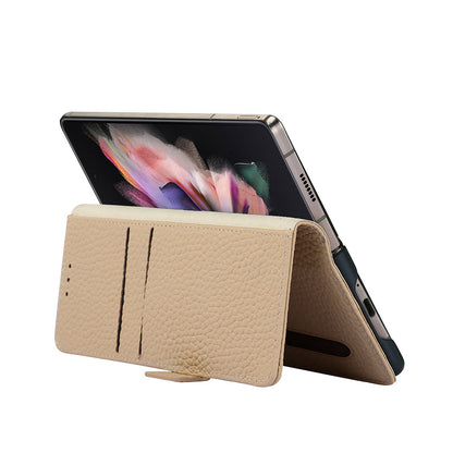 For Samsung Galaxy Z Fold3 5G Litchi Texture Genuine Leather Dual Magnetic Clasp Wallet Stand Phone Case Cover with Pen Slot