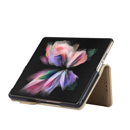 For Samsung Galaxy Z Fold3 5G Litchi Texture Genuine Leather Dual Magnetic Clasp Wallet Stand Phone Case Cover with Pen Slot