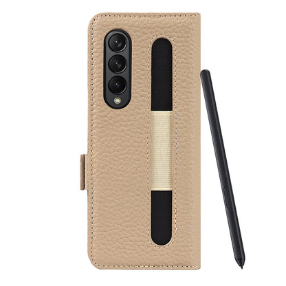 For Samsung Galaxy Z Fold3 5G Litchi Texture Genuine Leather Dual Magnetic Clasp Wallet Stand Phone Case Cover with Pen Slot