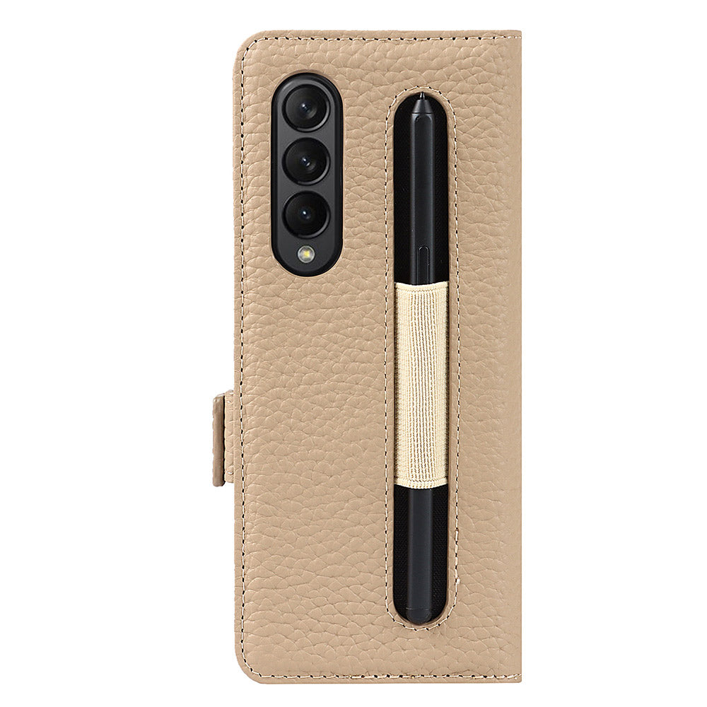 For Samsung Galaxy Z Fold3 5G Litchi Texture Genuine Leather Dual Magnetic Clasp Wallet Stand Phone Case Cover with Pen Slot