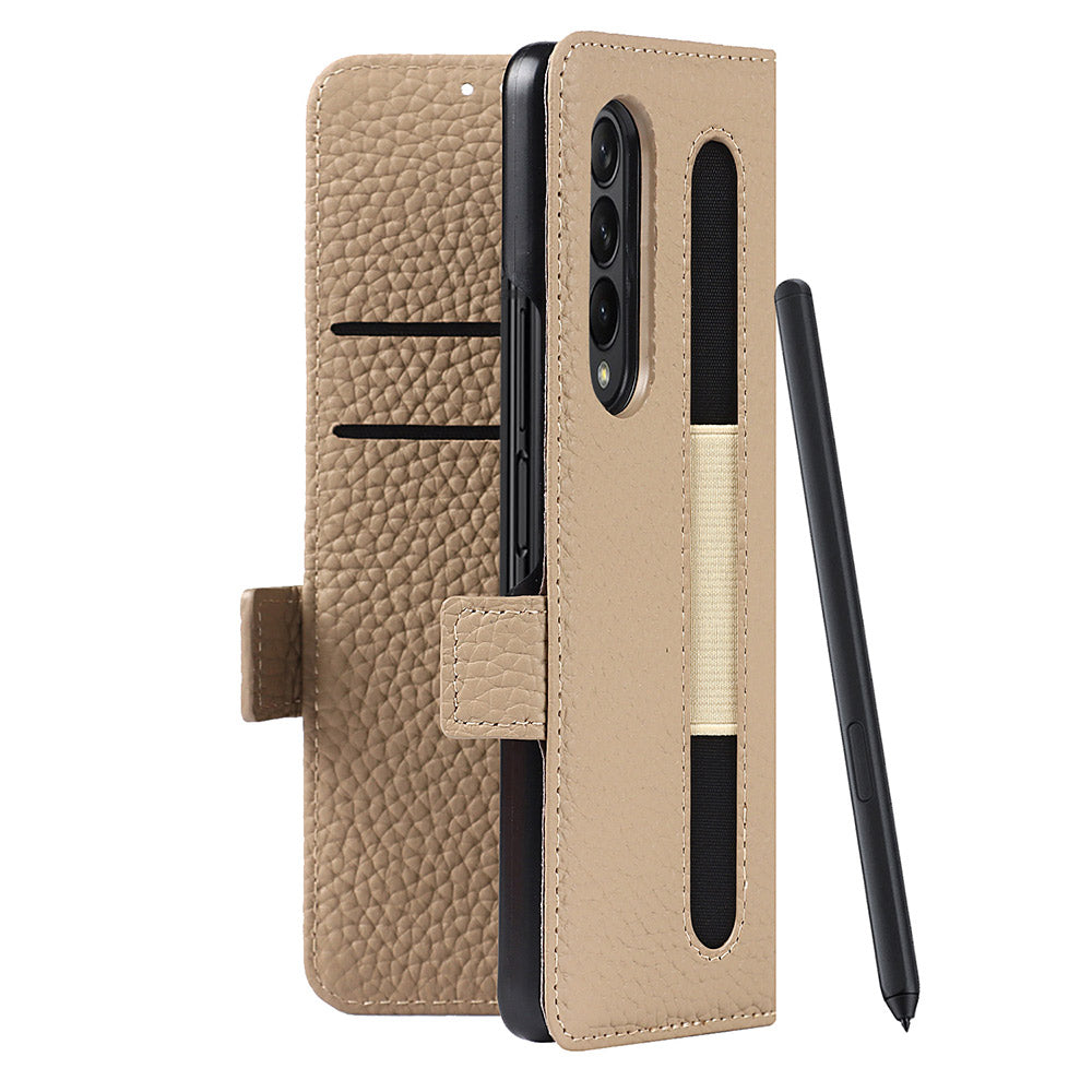 For Samsung Galaxy Z Fold3 5G Litchi Texture Genuine Leather Dual Magnetic Clasp Wallet Stand Phone Case Cover with Pen Slot