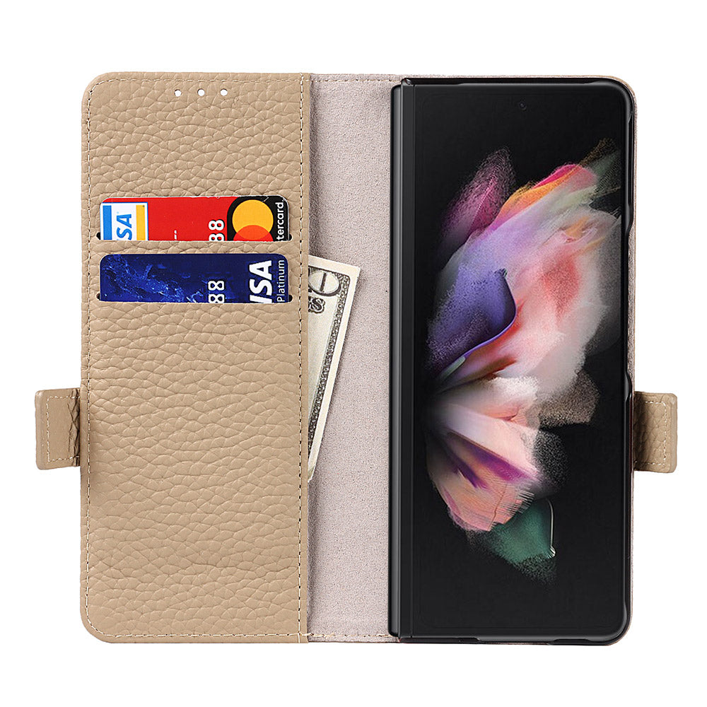 For Samsung Galaxy Z Fold3 5G Litchi Texture Genuine Leather Dual Magnetic Clasp Wallet Stand Phone Case Cover with Pen Slot
