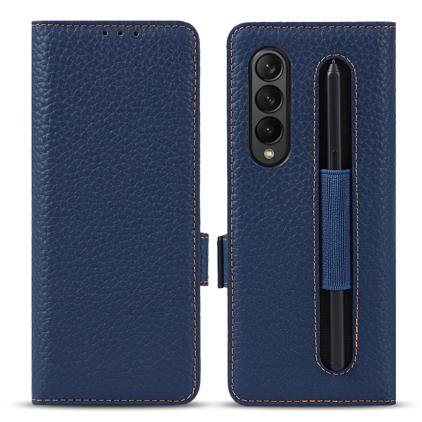 For Samsung Galaxy Z Fold3 5G Litchi Texture Genuine Leather Dual Magnetic Clasp Wallet Stand Phone Case Cover with Pen Slot