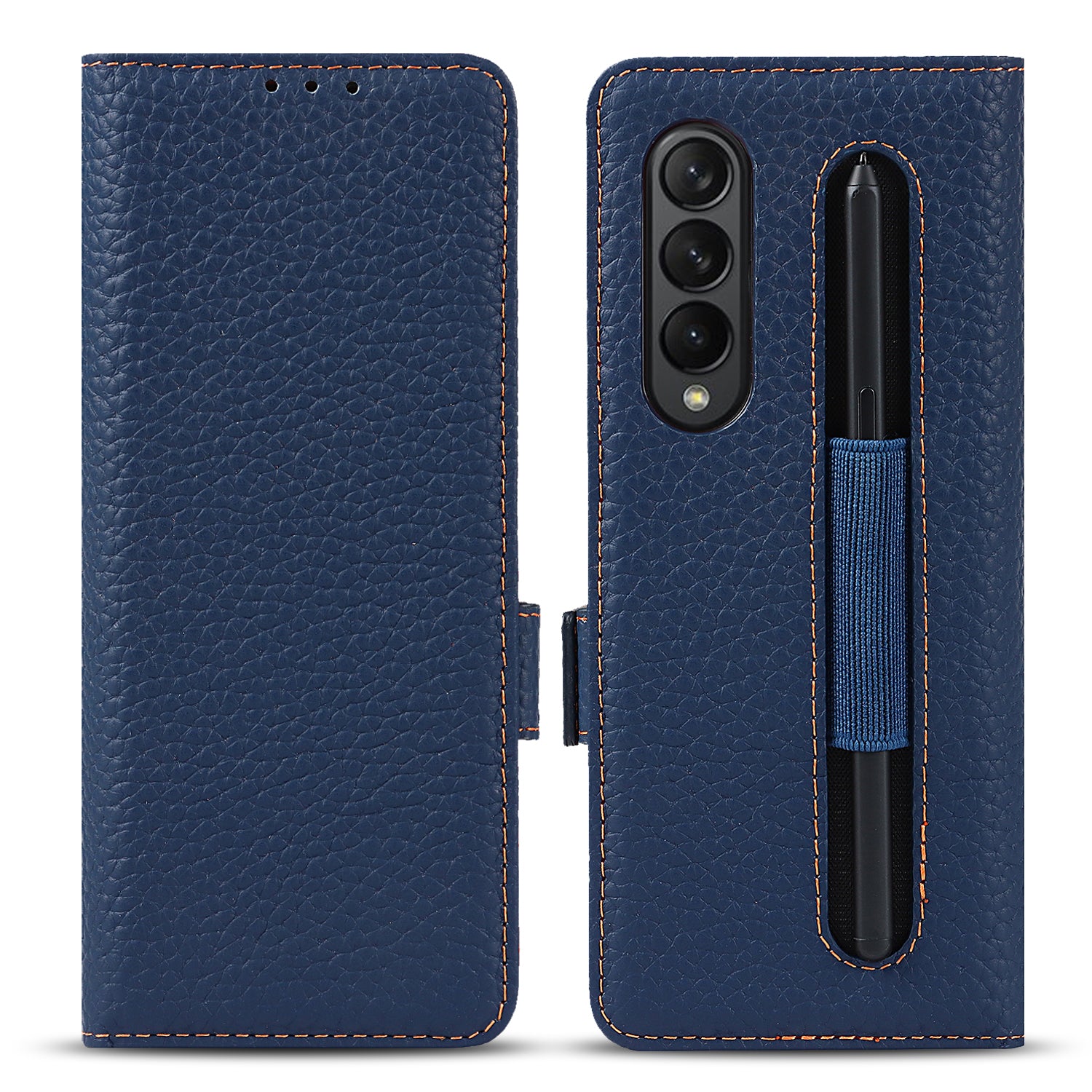 For Samsung Galaxy Z Fold3 5G Litchi Texture Genuine Leather Dual Magnetic Clasp Wallet Stand Phone Case Cover with Pen Slot