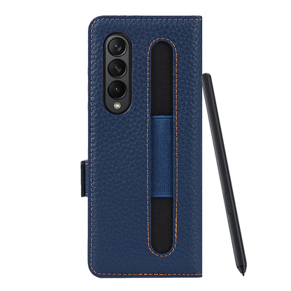 For Samsung Galaxy Z Fold3 5G Litchi Texture Genuine Leather Dual Magnetic Clasp Wallet Stand Phone Case Cover with Pen Slot