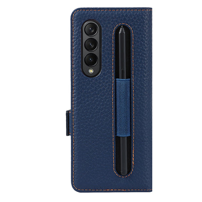 For Samsung Galaxy Z Fold3 5G Litchi Texture Genuine Leather Dual Magnetic Clasp Wallet Stand Phone Case Cover with Pen Slot