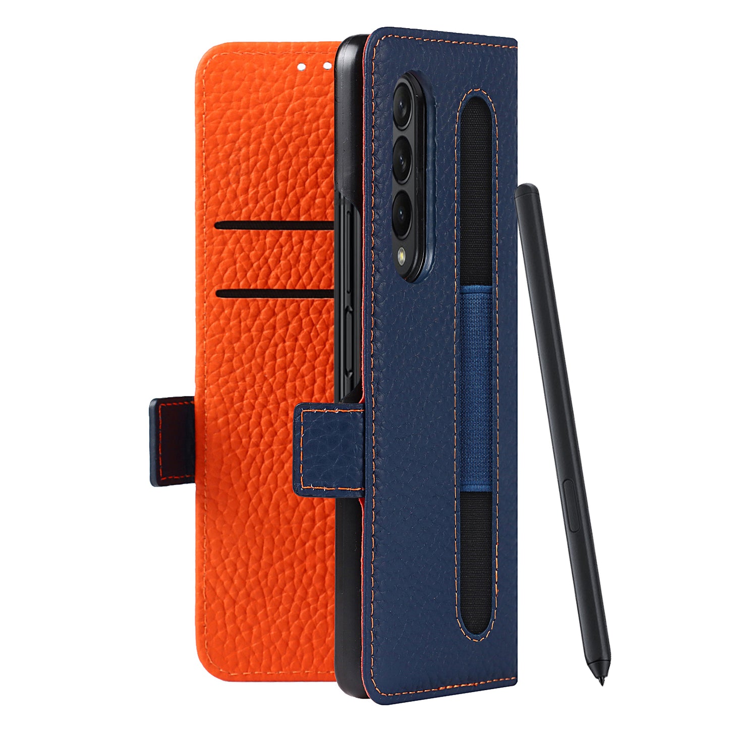 For Samsung Galaxy Z Fold3 5G Litchi Texture Genuine Leather Dual Magnetic Clasp Wallet Stand Phone Case Cover with Pen Slot