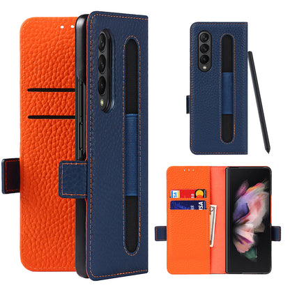 For Samsung Galaxy Z Fold3 5G Litchi Texture Genuine Leather Dual Magnetic Clasp Wallet Stand Phone Case Cover with Pen Slot