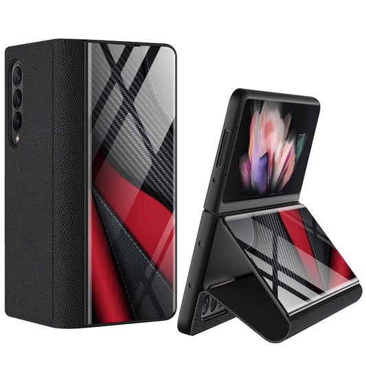 GKK For Samsung Galaxy Z Fold3 5G Pattern Printing PU Leather Coated PC+Tempered Glass Flip Stand Phone Case