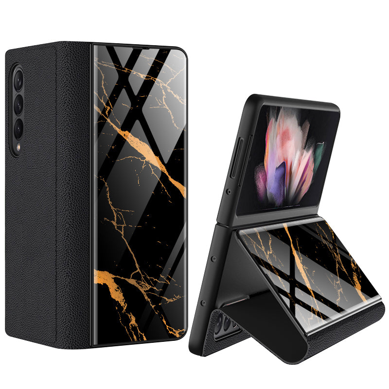 GKK For Samsung Galaxy Z Fold3 5G Pattern Printing PU Leather Coated PC+Tempered Glass Flip Stand Phone Case