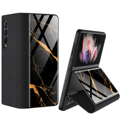 GKK For Samsung Galaxy Z Fold3 5G Pattern Printing PU Leather Coated PC+Tempered Glass Flip Stand Phone Case