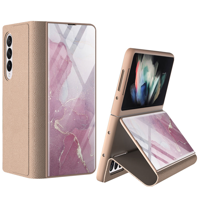 GKK For Samsung Galaxy Z Fold3 5G Pattern Printing PU Leather Coated PC+Tempered Glass Flip Stand Phone Case