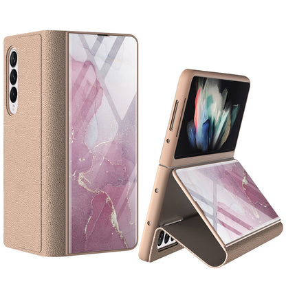 GKK For Samsung Galaxy Z Fold3 5G Pattern Printing PU Leather Coated PC+Tempered Glass Flip Stand Phone Case