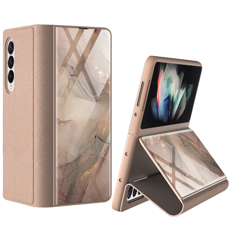 GKK For Samsung Galaxy Z Fold3 5G Pattern Printing PU Leather Coated PC+Tempered Glass Flip Stand Phone Case