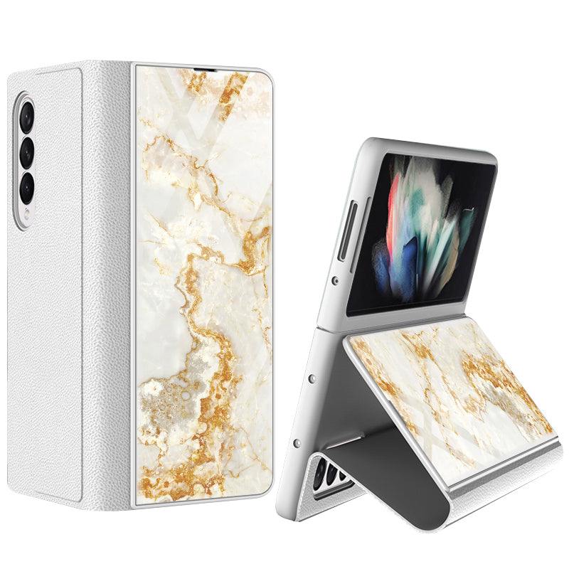 GKK For Samsung Galaxy Z Fold3 5G Pattern Printing PU Leather Coated PC+Tempered Glass Flip Stand Phone Case
