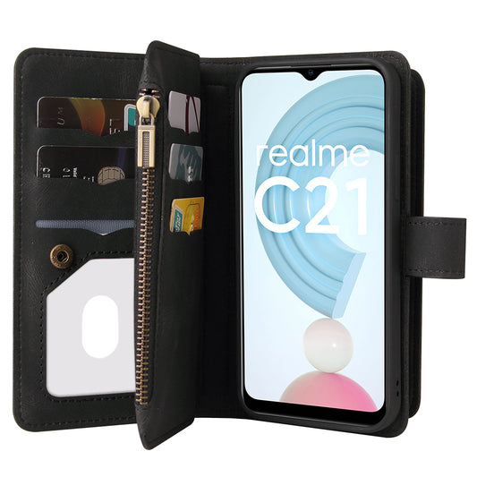 For Realme C21 KT Multi-functional Series-2 All-round Protection Skin-touch Feel Leather Wallet Stand Case with Multiple Card Slots and Zipper Pocket