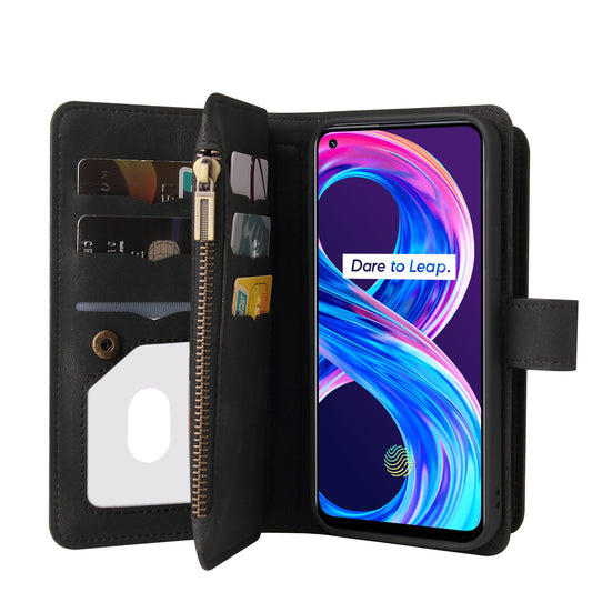 KT Multi-functional Series-2 Soft TPU Bumper + Skin-touch Feel PU Leather Phone Case for Realme 8/8 Pro with Zipper Pocket and Multiple Card Slots