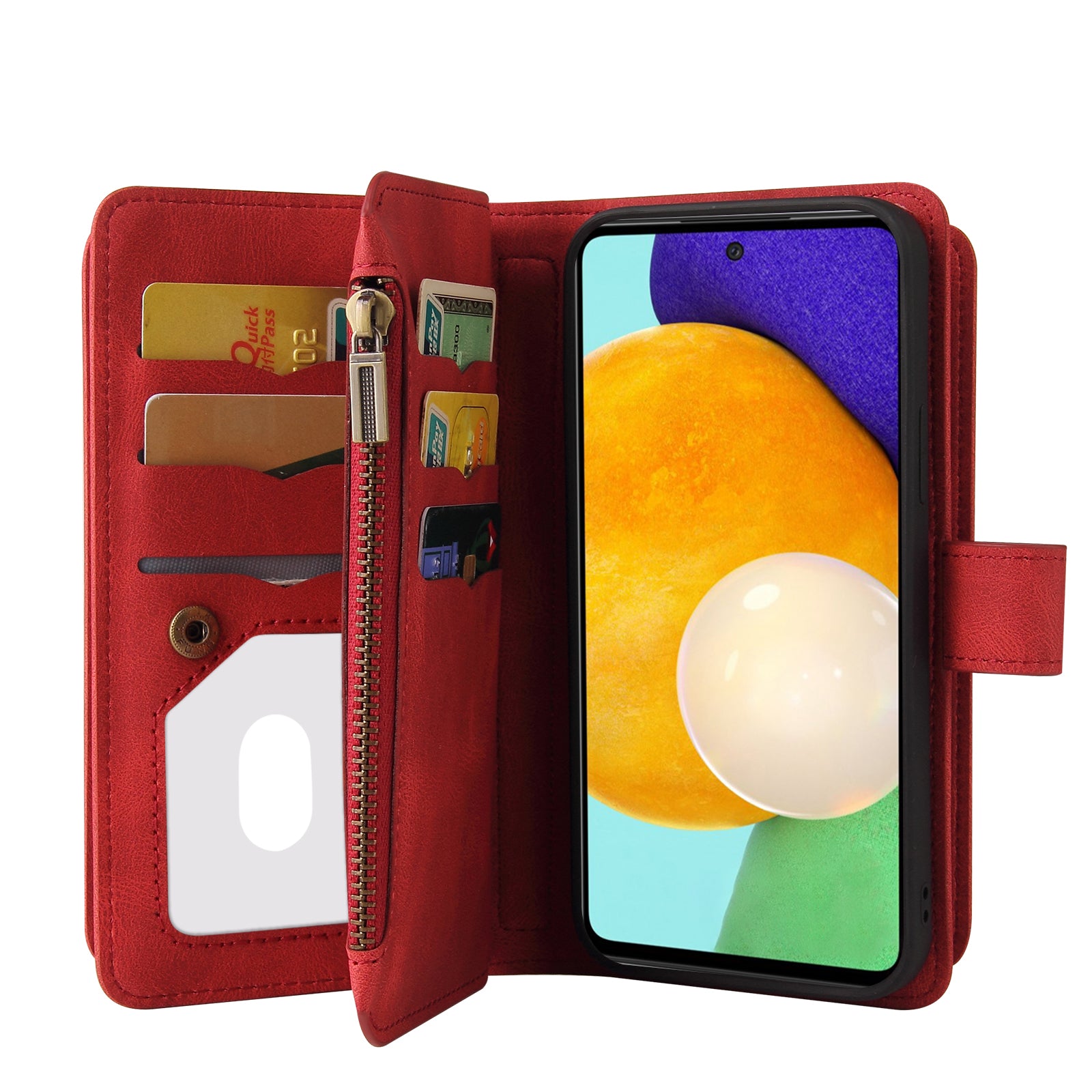 KT Multi-functional Series-2 Multiple Card Slots Hands-free Stand Mobile Phone Flip Cover for Samsung Galaxy A52s 5G/A52 4G/5G, Skin-touch Feel Leather Case with Zipper Pocket